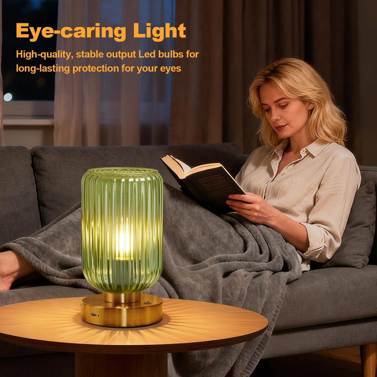 LightRound lamp in bedroom scene highlights long battery life on a nightstand.