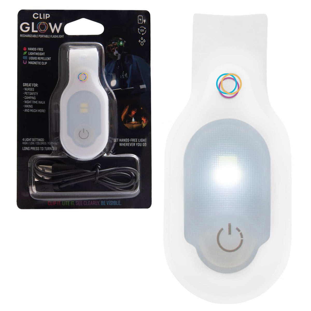 Lightsflo ClipGlow clip-on light attached to scrubs for hands-free illumination.