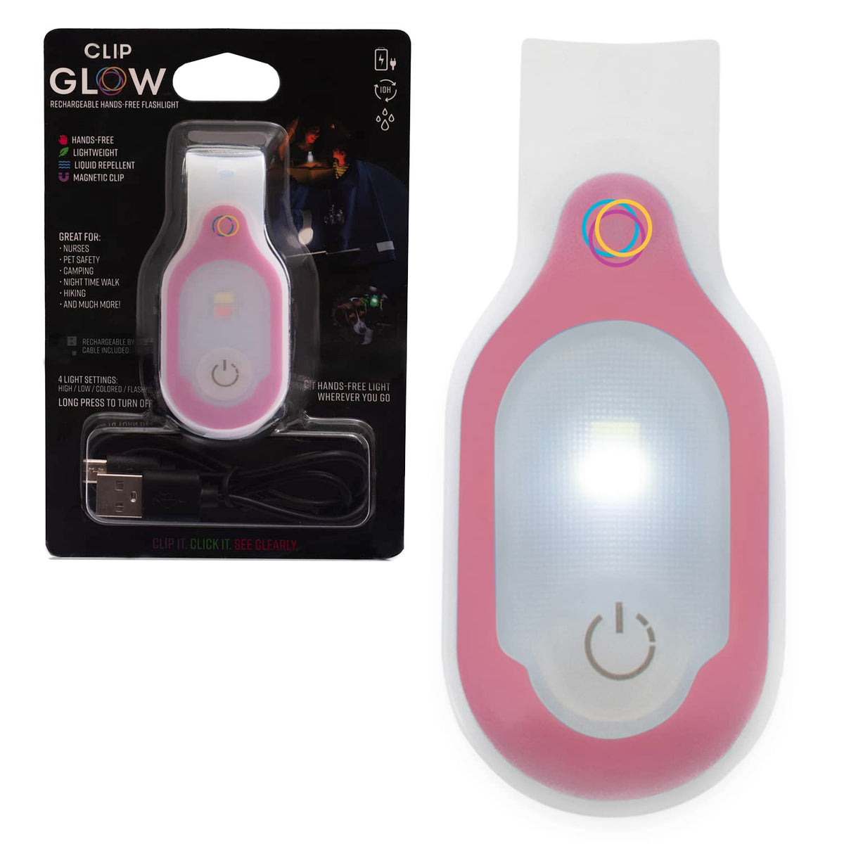Lightsflo Clipglow nurse light pink on badge for hands-free care