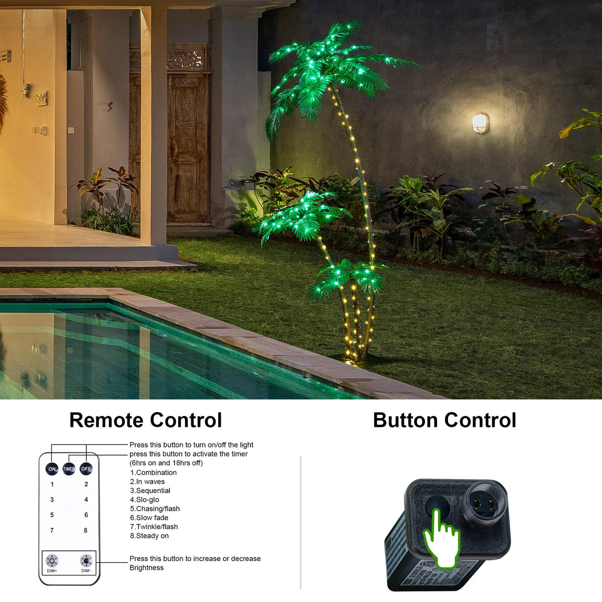Lightshare palm tree with 203 LEDs creates warm, inviting night lighting.