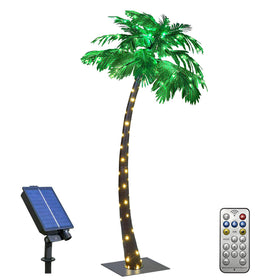 Lightshare 7ft solar palm tree outdoors with LED lights for ambient lighting.