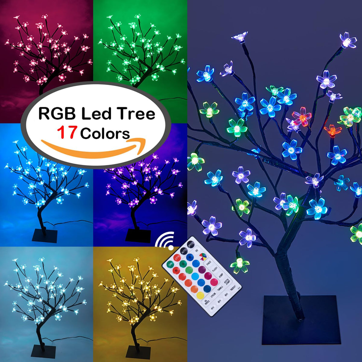 LIGHTSHARE Cherry Blossom Bonsai LED close-up shows vibrant color options for mood lighting