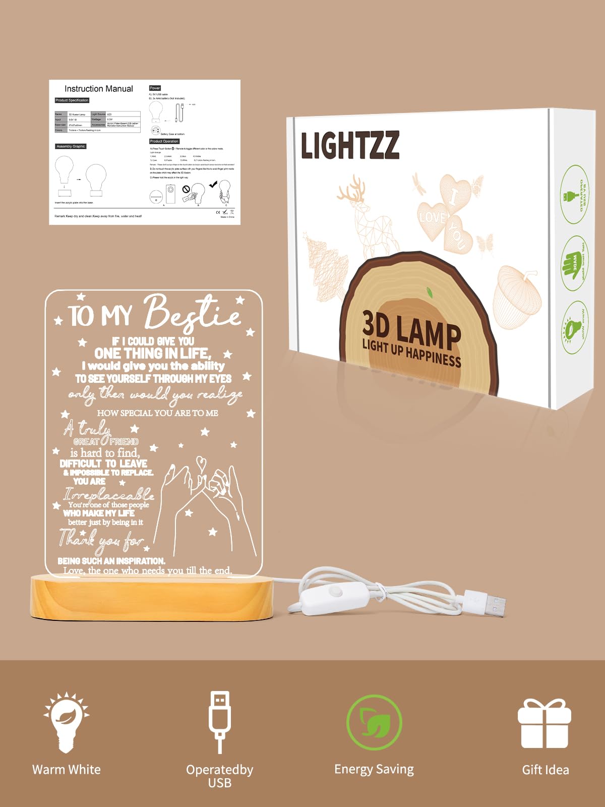 Lightzz to My Bestie night light emits a soft warm glow