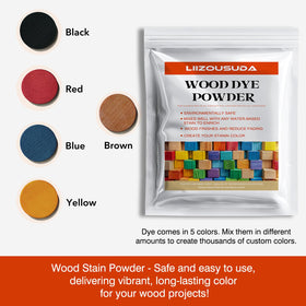 Five color dye powders from LIIZOUSUDA ready for mixing and testing on wood