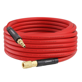 Likeem 50ft hybrid air hose, outer view, showing all-weather flexibility in action