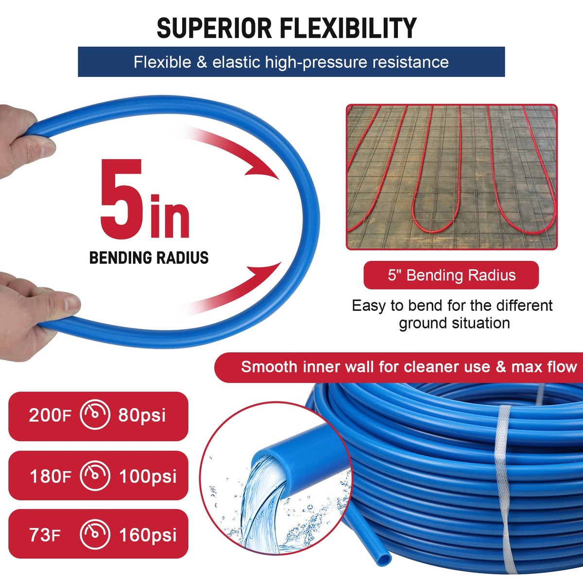 Likeem PEX pipe with 5 inch bend radius for flexible routing.