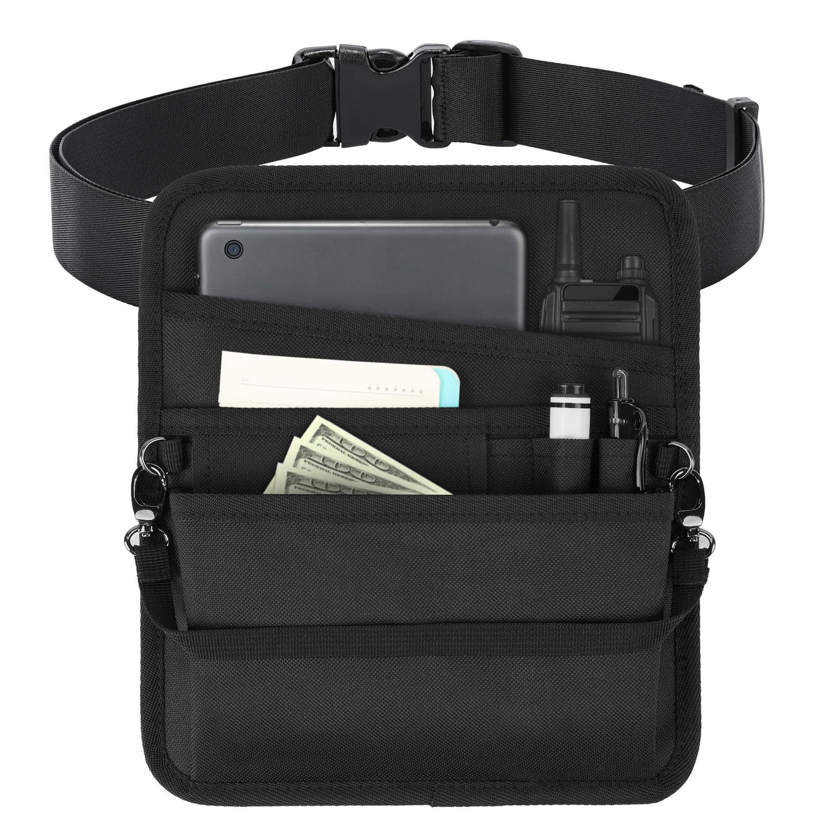 Likesing server apron front view with six front pockets for quick access.