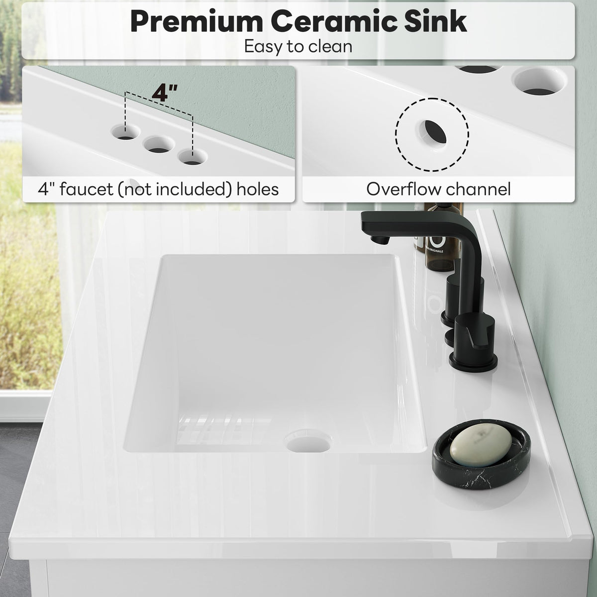 LIKIMIO ceramic sink with glazed non-porous surface resists stains.