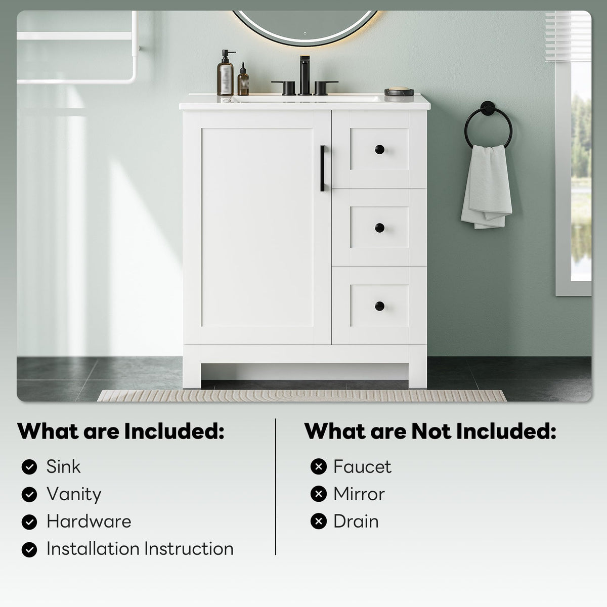 LIKIMIO vanity in a compact bathroom setup for stylish storage.