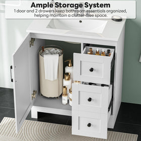 LIKIMIO vanity shallow and deep drawers with smooth rails for easy access.