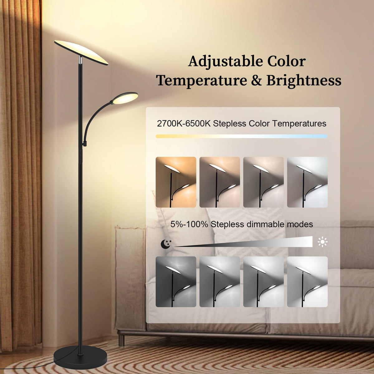Lilaiaro floor lamp reading light with 360° gooseneck for focused tasks.