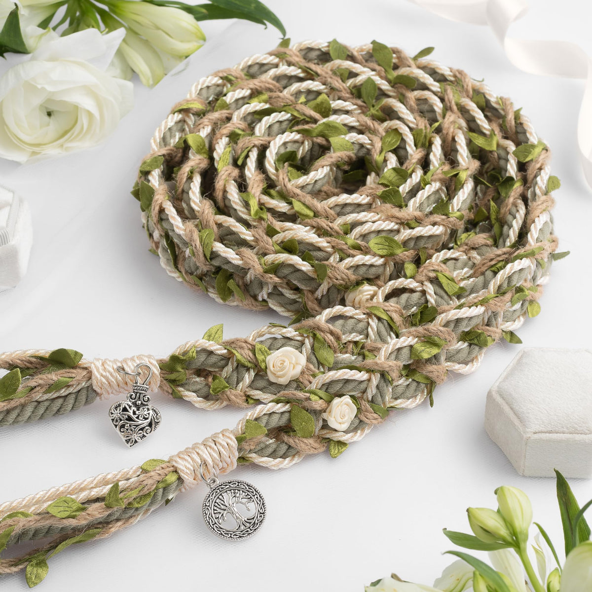L.I.L.O.U handfasting cord closeup showing sage green braid for rustic outdoor ceremonies.