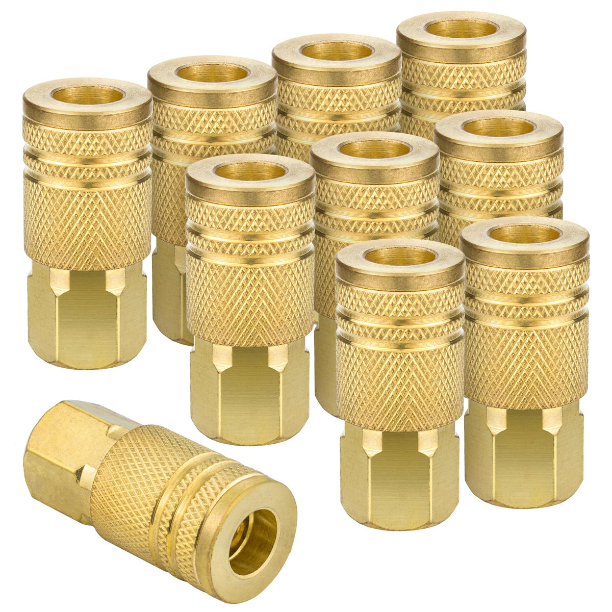Limcox 1/4-inch brass female coupler closeup showing durable construction for shop use.