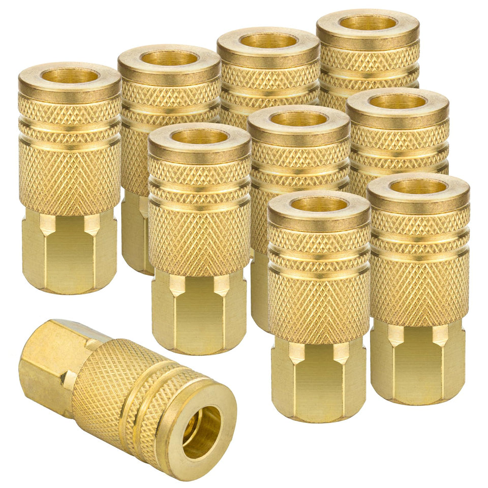 Limcox 1/4-inch brass female coupler closeup showing durable construction for shop use.