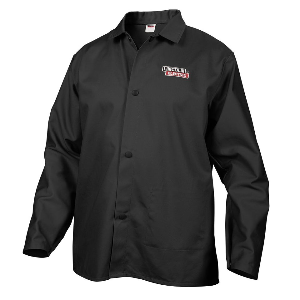Lincoln Electric black X-Large welding jacket front view showing flame-resistant fabric