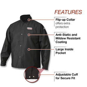 Lincoln Electric FR jacket neck collar flip-up protection from arc rays and spatter
