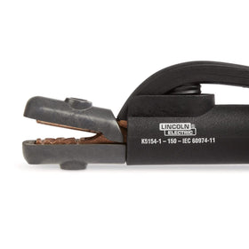 Lincoln Electric electrode holder with ergonomic insulated handle for comfortable control.