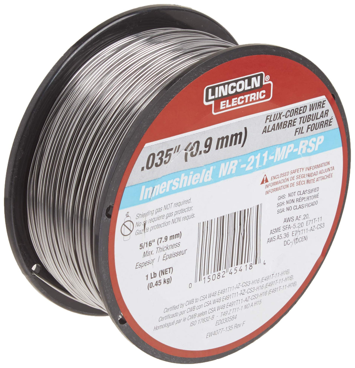 Lincoln Electric NR-211-MP spool for flux-core MIG welding on mild steel.