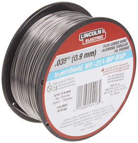 Lincoln Electric NR-211-MP spool for flux-core MIG welding on mild steel.