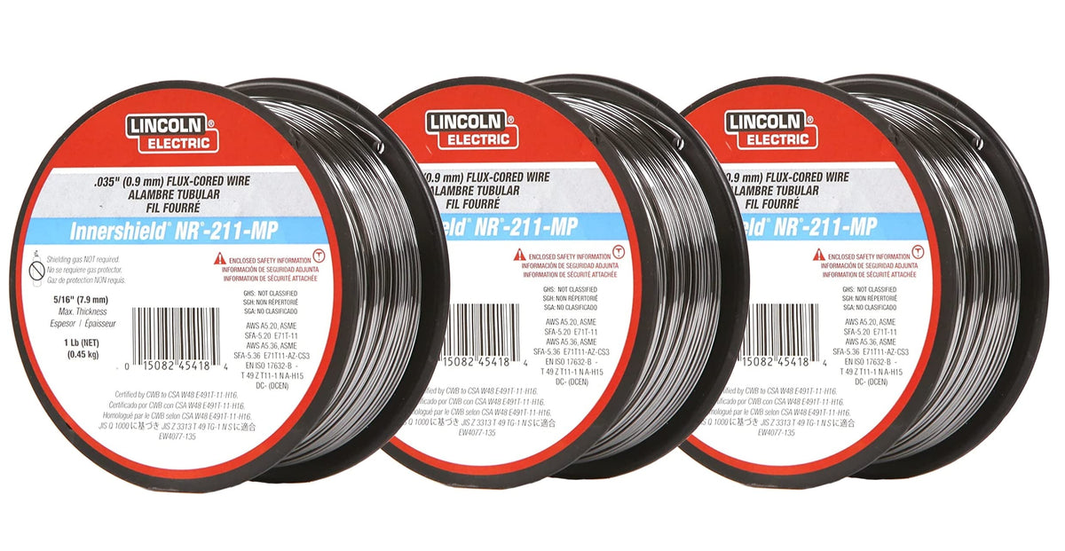 Lincoln Electric NR-211-MP wire spool with inner shield flux-core for smooth bead formation.