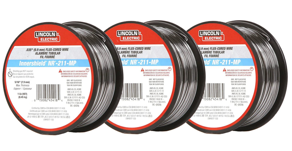 Lincoln Electric NR-211-MP wire spool with inner shield flux-core for smooth bead formation.