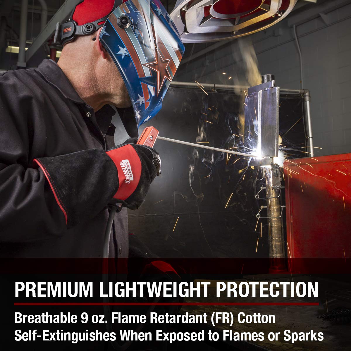 Lincoln Electric FR jacket neck flip-up collar shields neck from sparks