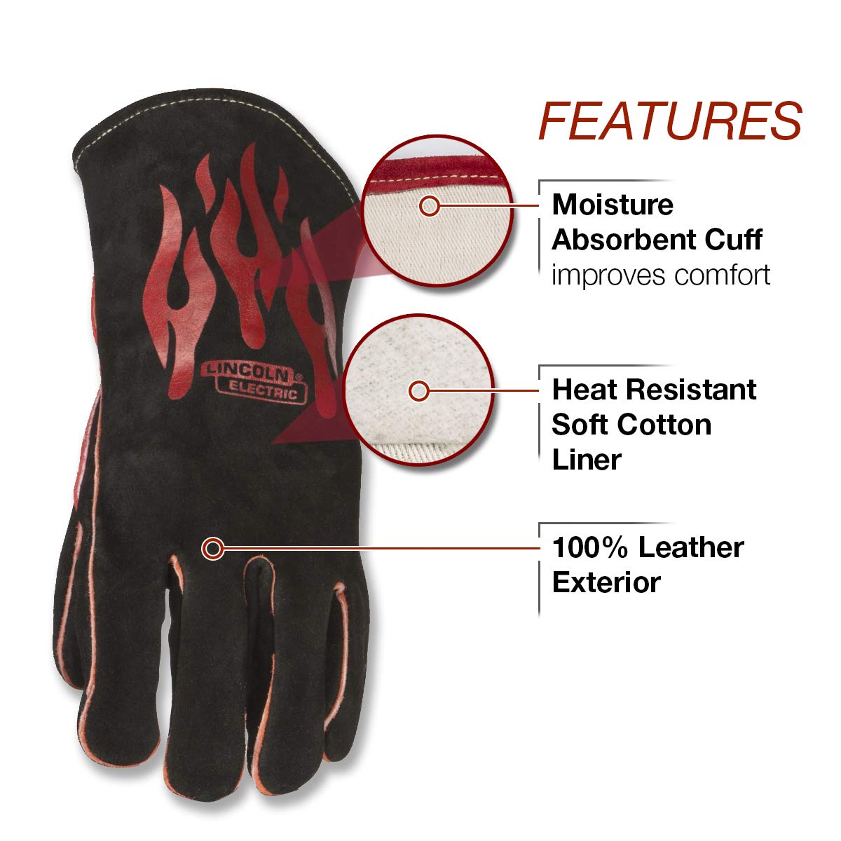 Lincoln Electric Traditional gloves back view shows durable leather and Kevlar stitching.