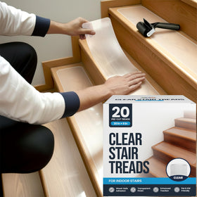 Linda's Essentials clear non-slip stair treads on wooden stairs offer secure footing for families.