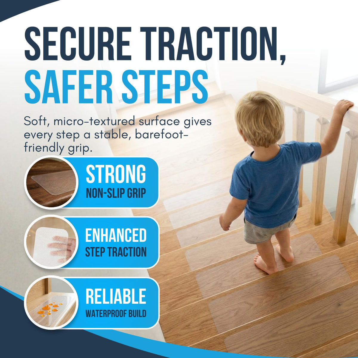 Linda's Essentials transparent stair treads blend with décor while reducing slips.