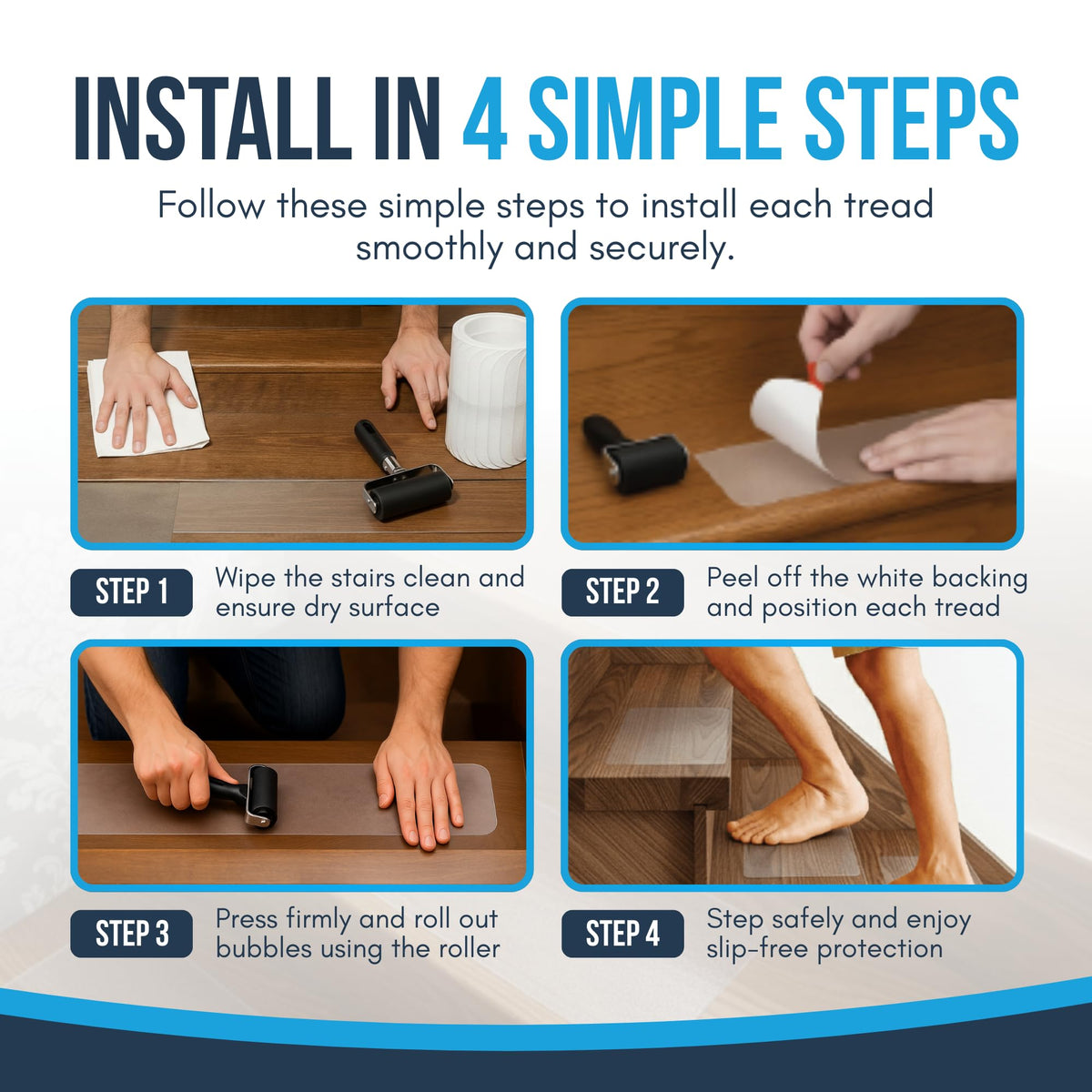 Linda's Essentials durable, waterproof treads stay clean and resist yellowing over time.