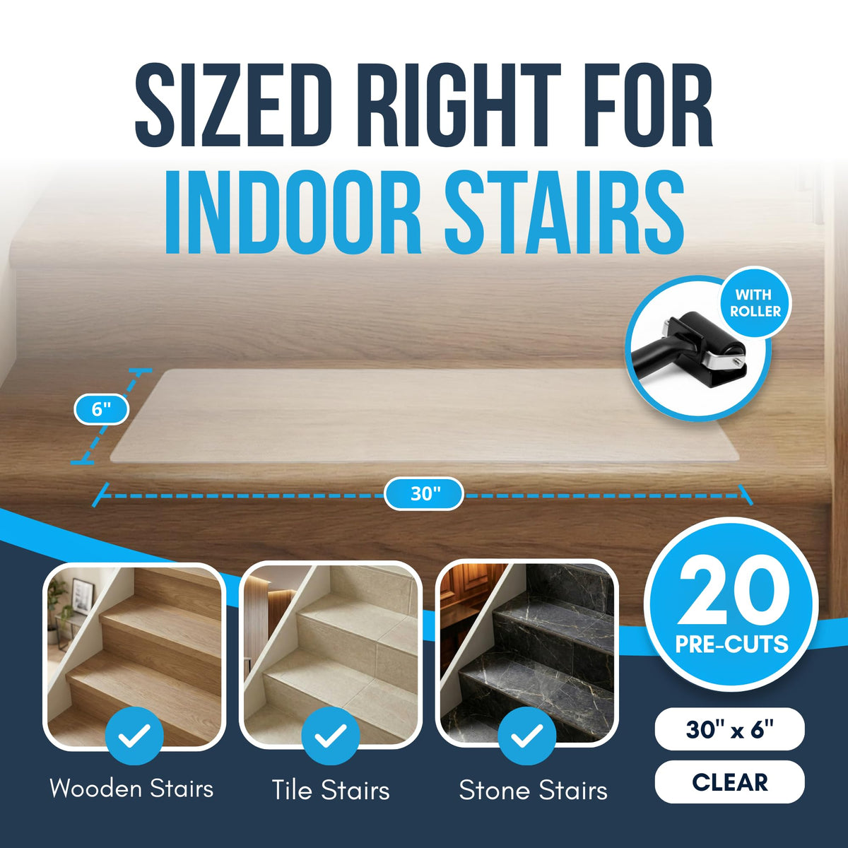 Linda's Essentials 30x6 inch treads deliver discreet safety without altering wood appearance.