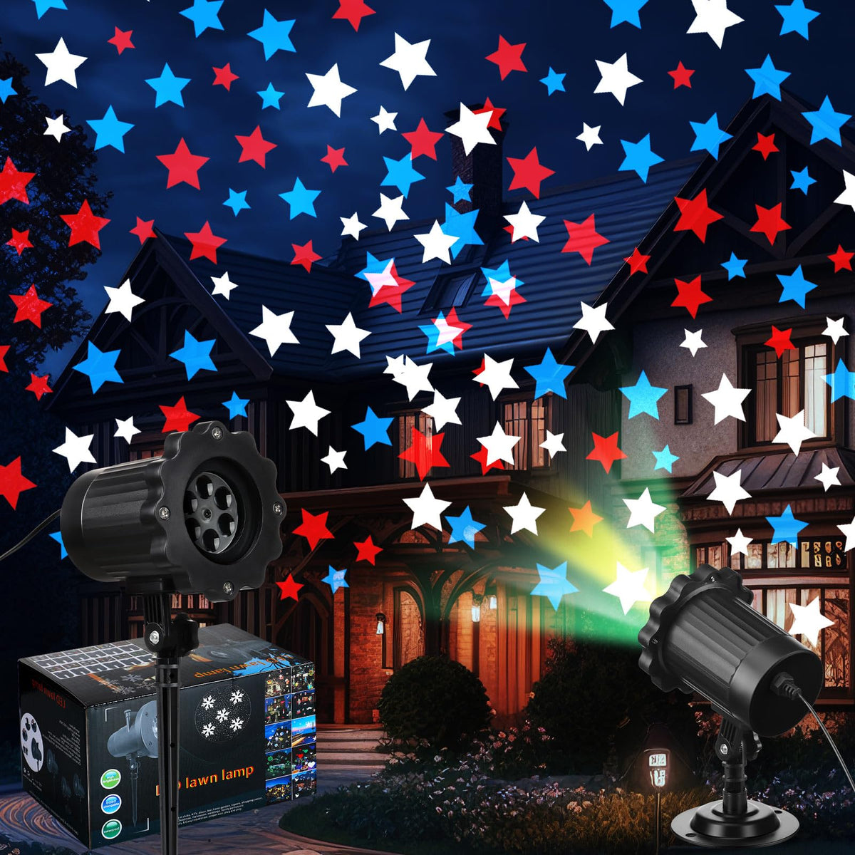 Lingvee Independence Day projector lights illuminate outdoor celebrations with patriotic colors.