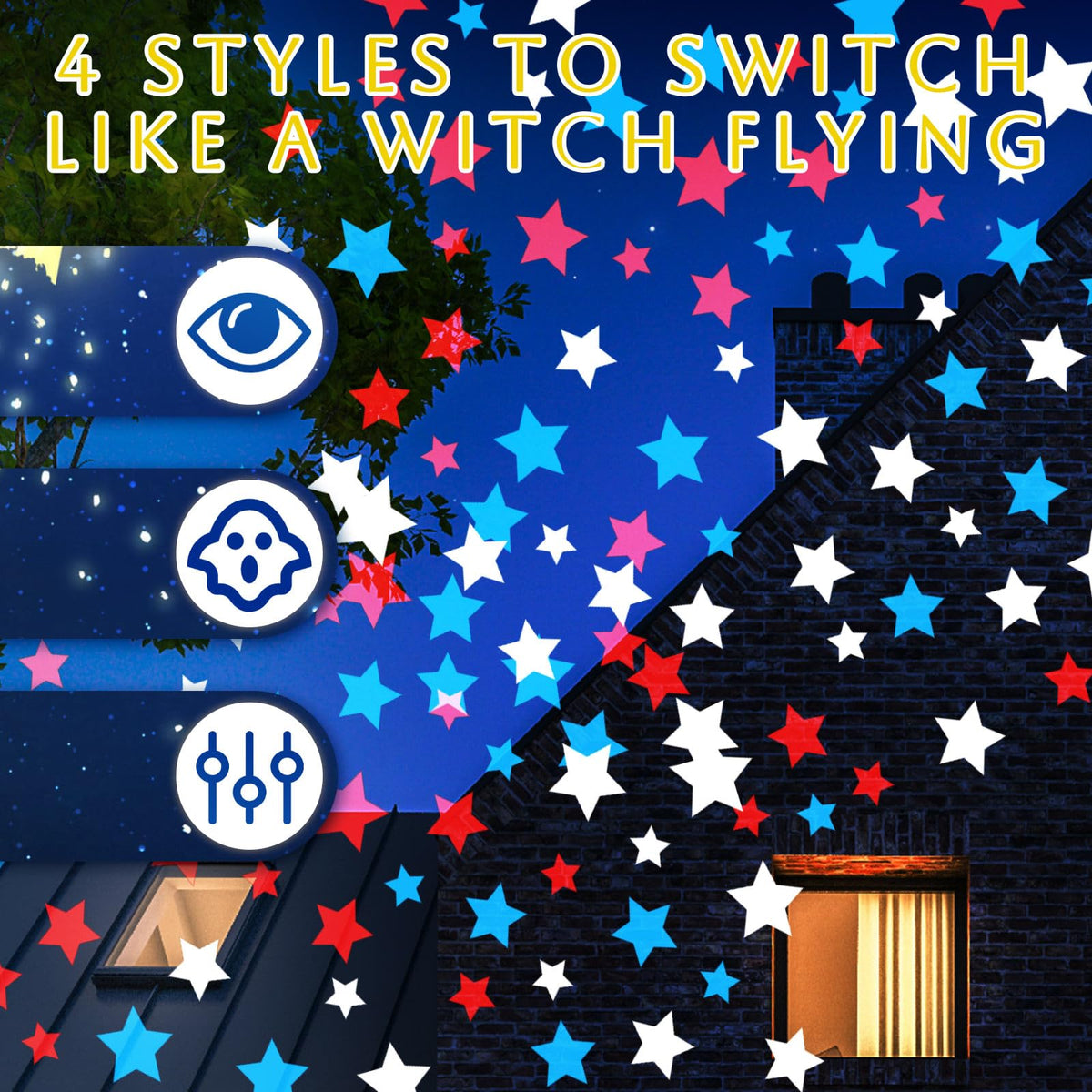 Lingvee patriotic star patterns projection brightens walls and yards.