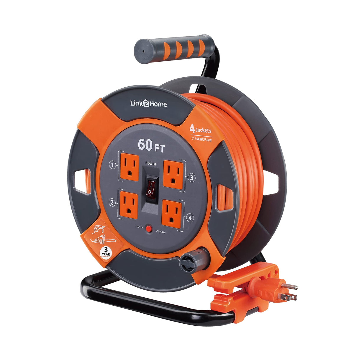 Link2Home cord reel with 60ft cable ready for long-distance outdoor power needs.