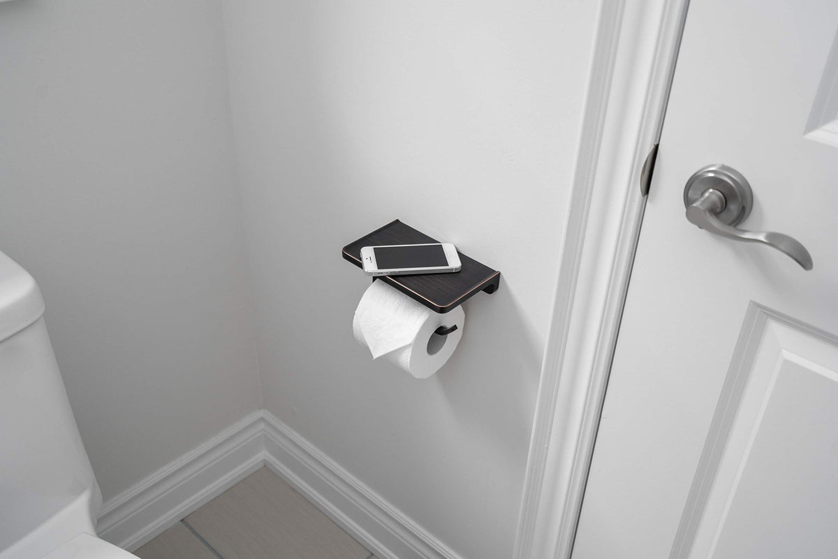 Linkaa Bronze toilet paper holder with shelf close-up of safe, deburred edges.