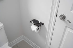 Linkaa Bronze toilet paper holder with shelf close-up of safe, deburred edges.