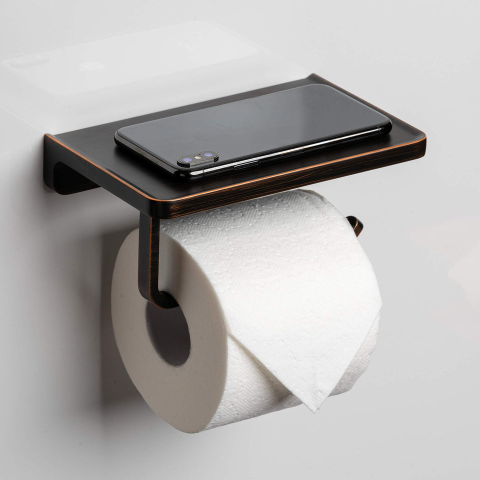 Linkaa Bronze toilet paper holder with shelf front view shows integrated storage for phone and essentials.