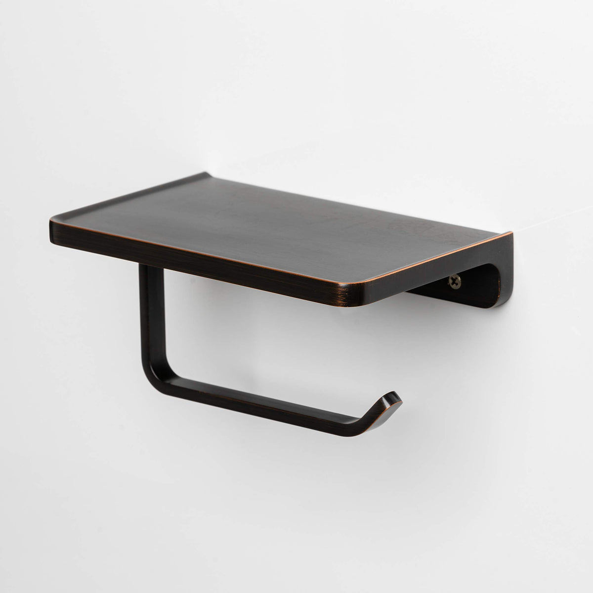 Linkaa Bronze toilet paper holder with shelf shows built-in phone storage for bathroom use.