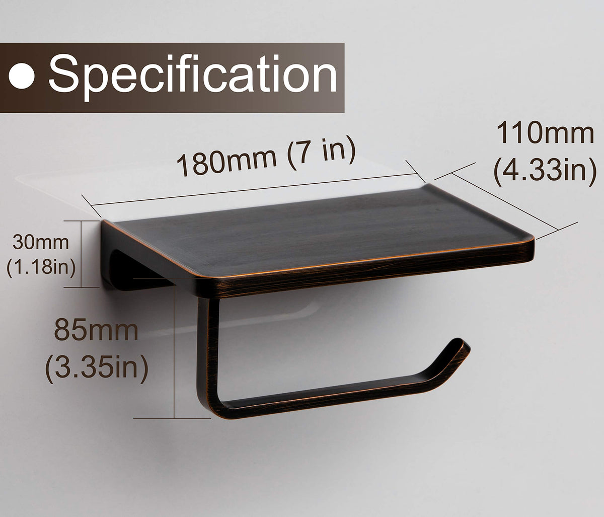 Linkaa Bronze toilet paper holder with shelf side view highlights sturdy wall mount.