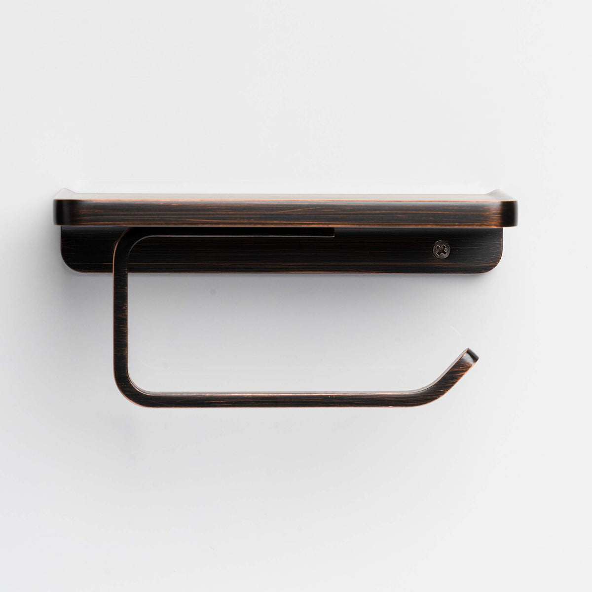 Linkaa Bronze toilet paper holder with shelf wall mount installation detail emphasizes quick setup.