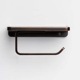 Linkaa Bronze toilet paper holder with shelf wall mount installation detail emphasizes quick setup.