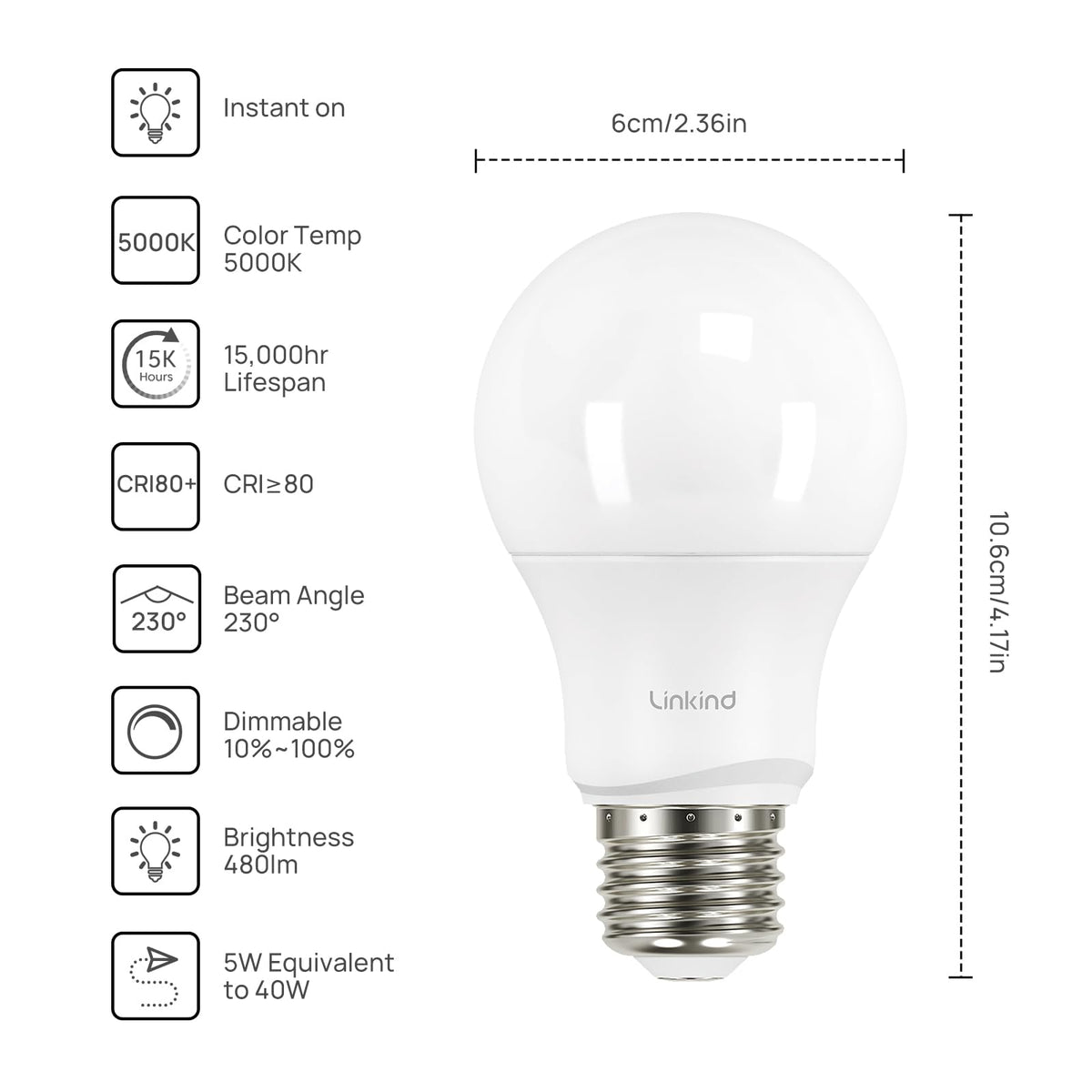 Linkind A19 dimmable LED bulb close-up showing 480 lumens brightness