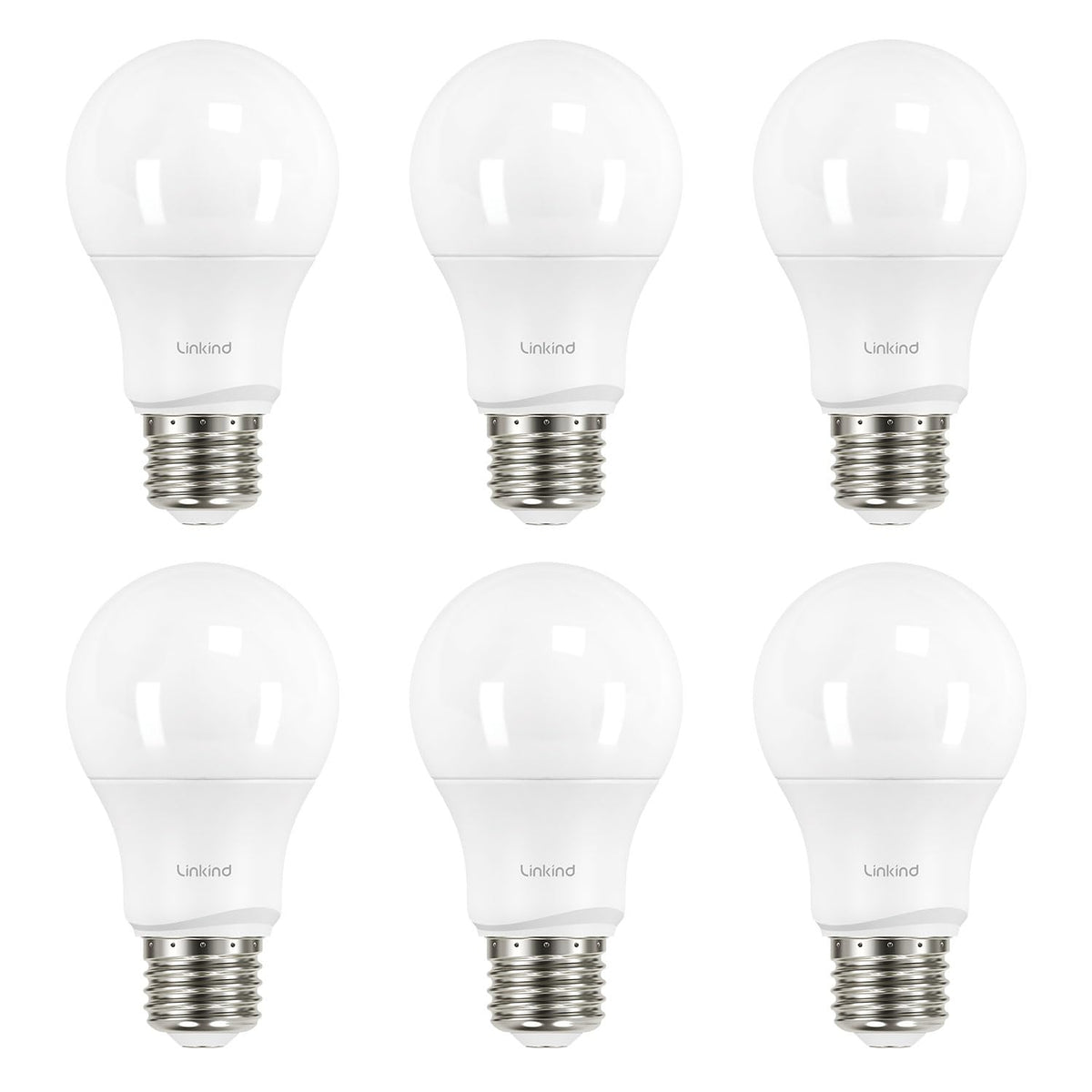 Linkind A19 LED bulbs six-pack in box highlighting energy savings