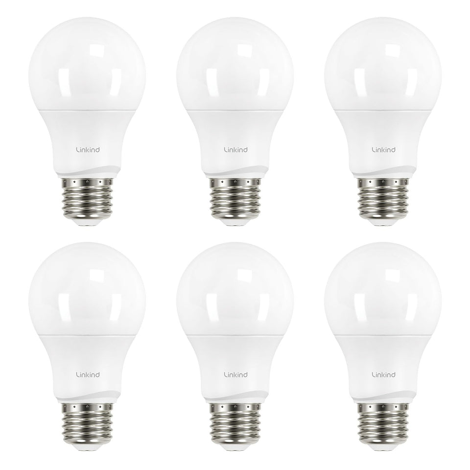 Linkind A19 LED bulbs six-pack in box highlighting energy savings
