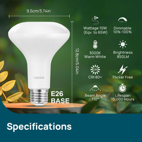 Linkind BR30 bulb dimmable for customizable ambiance.