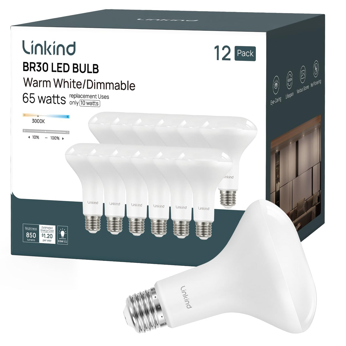 Linkind BR30 bulb warm white 3000K brightens living rooms.