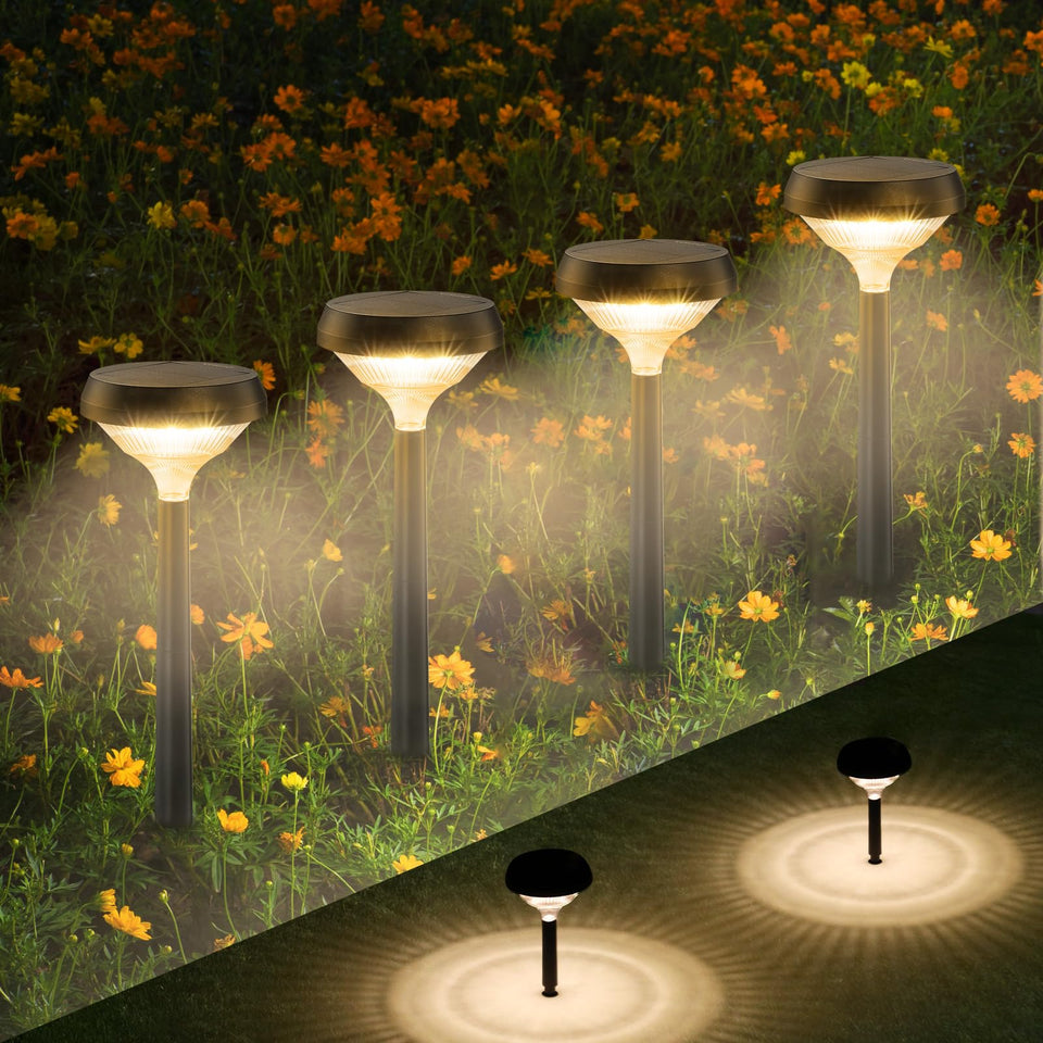 Linkind solar pathway lights illuminate the front yard with a welcoming warm white glow.