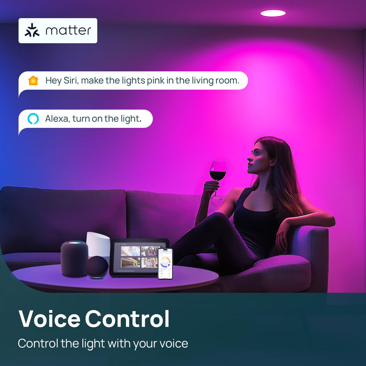 Linkind Matter BR30 controlled via AiDot app for remote and group lighting.