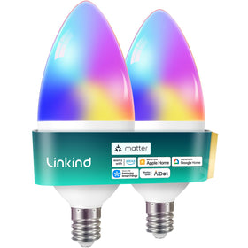 Linkind Matter smart bulb close-up, compact E12 design ideal for chandeliers and narrow fixtures