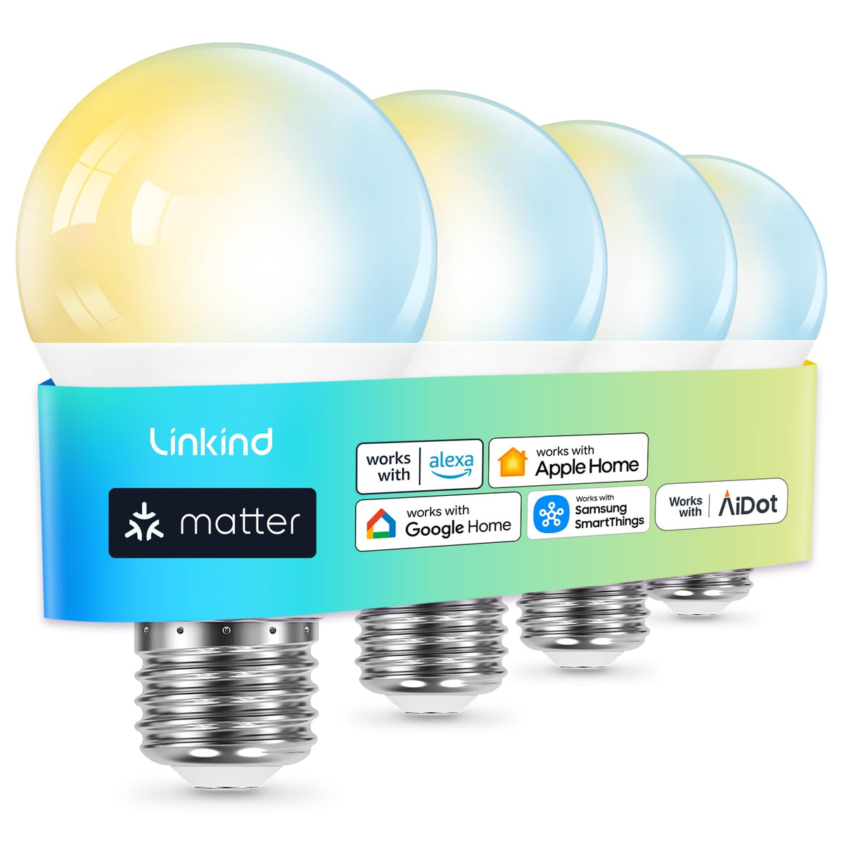 Linkind Matter smart bulb front view shows four-pack packaging for easy setup